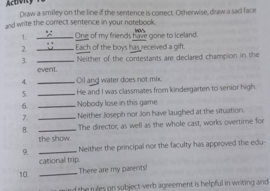 Activity 
Draw a smiley on the line if the sentence is correct. Otherwise, draw a sad face 
and write the correct sentence in your notebook. 
1. ∵ _L One of my friends have gone to Iceland. 
2. U_ Each of the boys has received a gift. 
3. _Neither of the contestants are declared champion in the 
event. 
4. _Oil and water does not mix. 
5. _He and I was classmates from kindergarten to senior high. 
6. _Nobody lose in this game. 
7. _Neither Joseph nor Jon have laughed at the situation. 
8. _The director, as well as the whole cast, works overtime for 
the show. 
9. _Neither the principal nor the faculty has approved the edu- 
cational trip. 
10. _There are my parents! 
ind the rules on subject-verb agreement is helpful in writing and