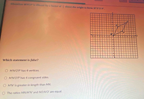 Shnebue MNOP is dilated by a factor of  1/8  about the origin to form M'N'O'P'.
Which statement is false?
M'N'O'P' has 4 vertices.
M'N'O'P' has 4 congruent sides.
M'N' is greater in length than MN.
The ratios MN : M'N' and NO: N'O' are equal.