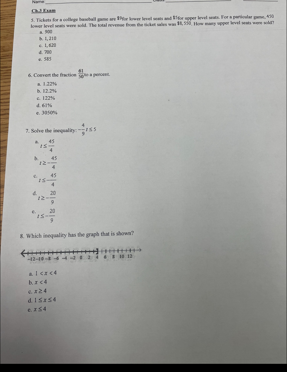 Name:_
_
Ch.3 Exam
5. Tickets for a college baseball game are $9for lower level seats and $5for upper level seats. For a particular game, 450
lower level seats were sold. The total revenue from the ticket sales was $8, 550. How many upper level seats were sold?
a. 900
b. 1, 210
c. 1, 620
d. 700
e. 585
6. Convert the fraction  61/50  to a percent.
a. 1.22%
b. 12.2%
c. 122%
d. 61%
e. 3050%
7. Solve the inequality: - 4/9 t≤ 5
a. t≤  45/4 
b. t≥ - 45/4 
c. t≤ - 45/4 
d. t≥ - 20/9 
e. t≤ - 20/9 
8. Which inequality has the graph that is shown?
a. 1
b. x<4</tex>
c. x≥ 4
d. 1≤ x≤ 4
e. x≤ 4