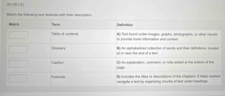 (01.05 LC) 
Match the following text features with their description.