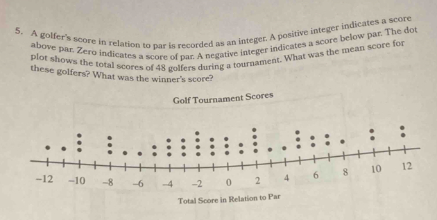 A golfer's score in relation to par is recorded as an integer. A positive integer indicates a score 
above par. Zero indicates a score of par. A negative integer indicates a score below par. The dot 
plot shows the total scores of 48 golfers during a tournament. What was the mean score for 
these golfers? What was the winner's score? 
Golf Tournament Scores 
Total Score in Relation to Par