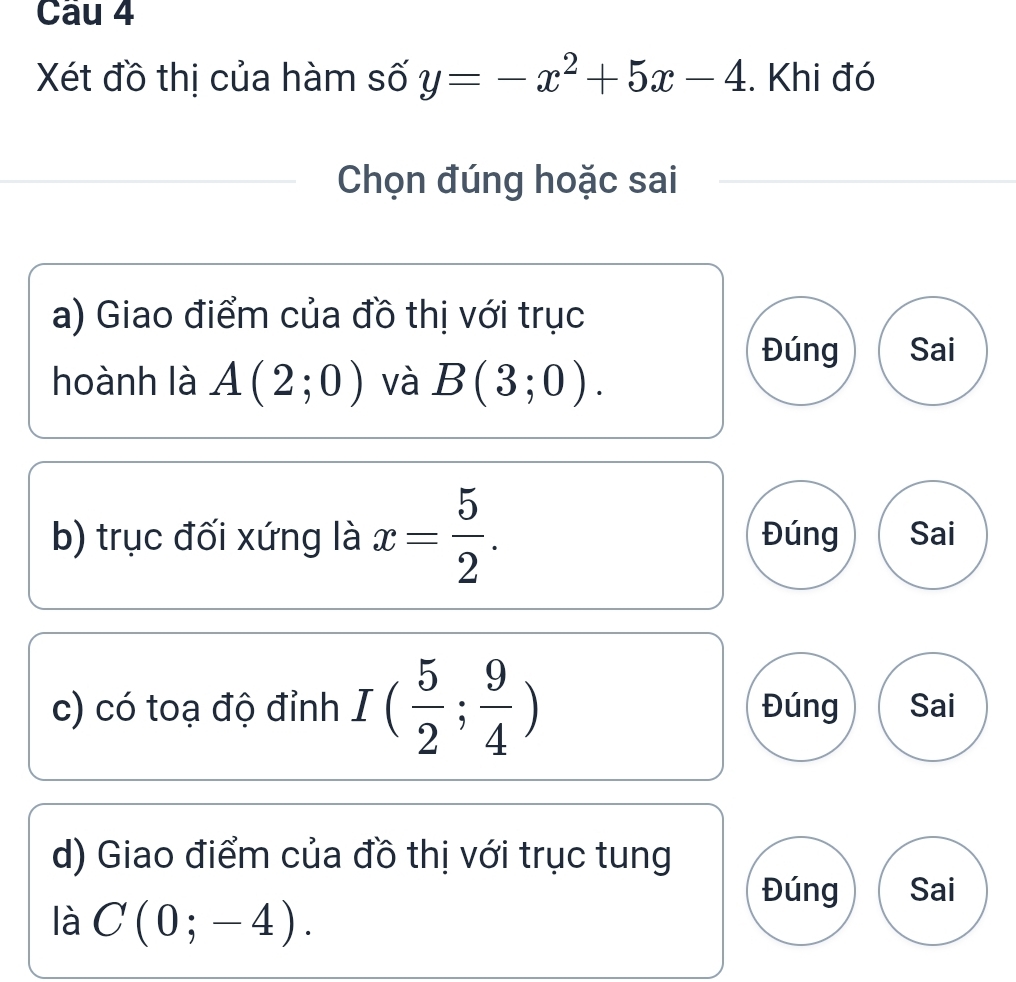 Xét đồ thị của hàm số y=-x^2+5x-4. Khi đó
Chọn đúng hoặc sai
a) Giao điểm của đồ thị với trục
Đúng Sai
hoành là A(2;0) và B(3;0). 
b) trục đối xứng là x= 5/2 . Đúng Sai
c) có toạ độ đỉnh I( 5/2 ; 9/4 ) Đúng Sai
d) Giao điểm của đồ thị với trục tung
Đúng Sai
là C(0;-4).