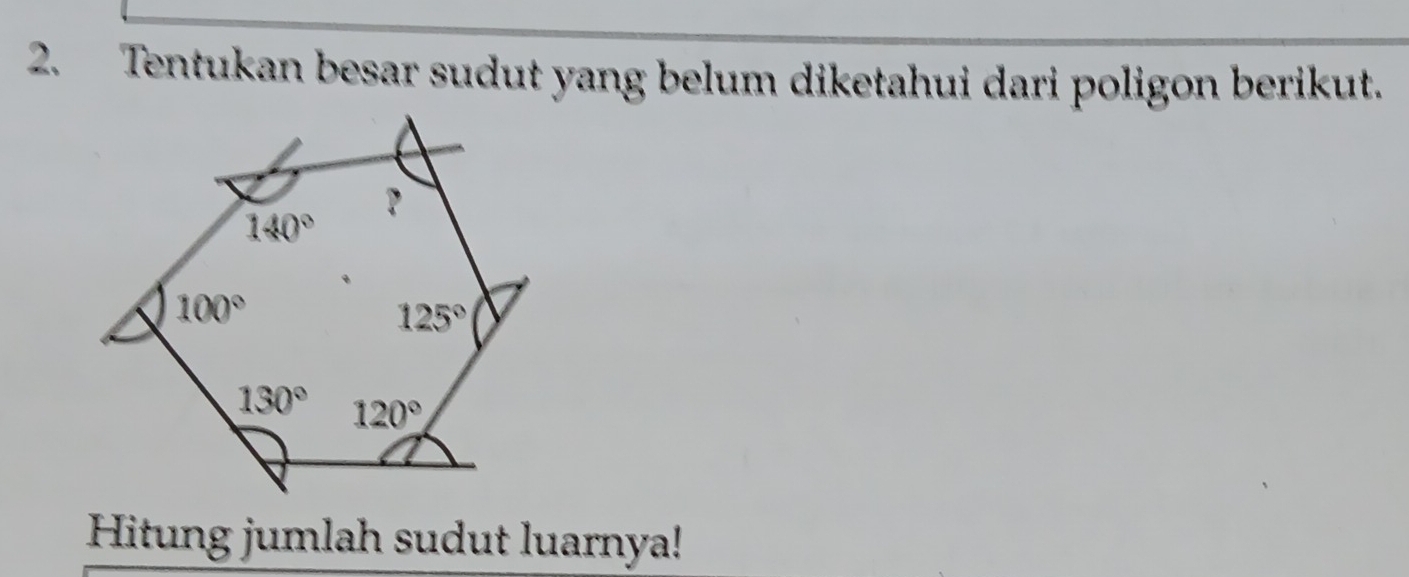 Tentukan besar sudut yang belum diketahui dari poligon berikut.
Hitung jumlah sudut luarnya!