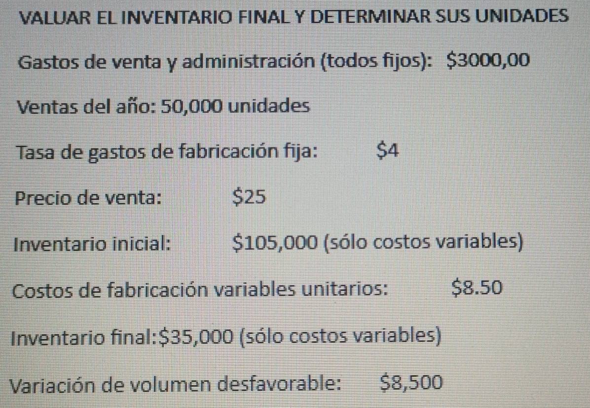 VALUAR EL INVENTARIO FINAL Y DETERMINAR SUS UNIDADES 
Gastos de venta y administración (todos fijos): $3000,00
Ventas del año: 50,000 unidades 
Tasa de gastos de fabricación fija: $4
Precio de venta: $25
Inventario inicial: $105,000 (sólo costos variables) 
Costos de fabricación variables unitarios: $8.50
Inventario final: $35,000 (sólo costos variables) 
Variación de volumen desfavorable: $8,500