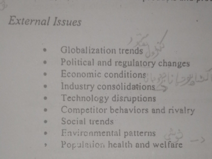 External Issues
Globalization trends
Political and regulatory changes
Economic conditions
Industry consolidations
Technology disruptions
Competitor behaviors and rivalry
Social trends
Environmental patterns
Population health and welfare