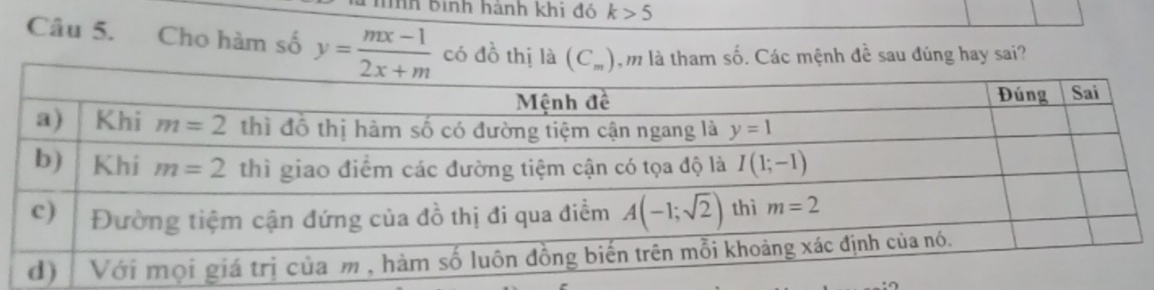 íh Bình hành khi đó k>5
Câu 5. Cho hàm số y= (mx-1)/2x+m  có đồ thị là (C_m) m là tham số. Các mệnh đề sau đúng hay sai?