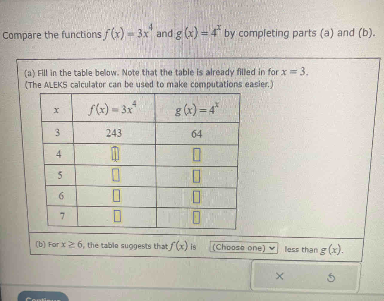 Compare the functions f(x)=3x^4 and g(x)=4^x by completing parts (a) and (b).
(a) Fill in the table below. Note that the table is already filled in for x=3.
(The ALEKS calculator can be used to make computations easier.)
(b) For x≥ 6 , the table suggests that f(x) is (Choose one) less than g(x).
×