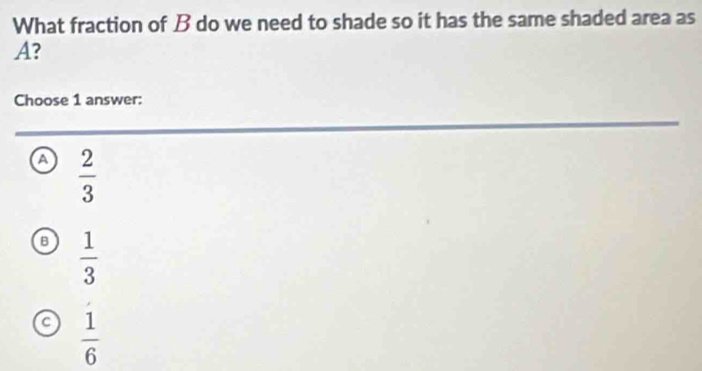 What fraction of B do we need to shade so it has the same shaded area as
A?
Choose 1 answer:
a  2/3 
B  1/3 
a  1/6 