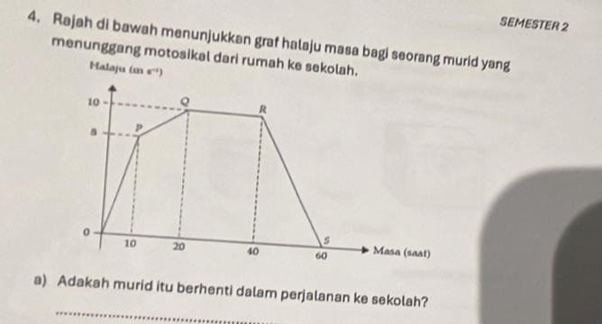 SEMESTER 2
4. Rajah di bawah menunjukkan graf halaju masa bagi seorang murid yang
menunggang motosikal dari rumah ke sekolah.
_
a) Adakah murid itu berhenti dalam perjalanan ke sekolah?