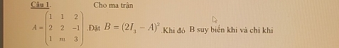 Cho ma trận
A=beginpmatrix 1&1&2 2&2&-1 1&m&3endpmatrix ,Đặt B=(2I_3-A)^2 Khi đó B suy biển khi và chỉ khi