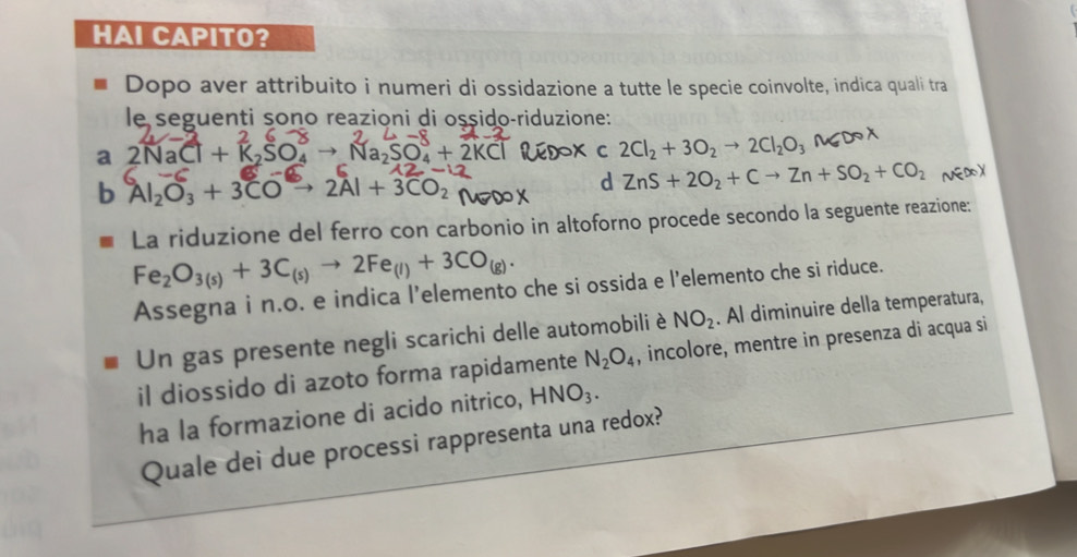 HAI CAPITO? 
Dopo aver attribuito i numeri di ossidazione a tutte le specie coinvolte, indica quali tra 
le seguenti sono reazioni di ossido-riduzione: 
a 2NaCl+ Na_2SO_4+2K C 2Cl_2+3O_2to 2Cl_2O_3
b Al_2O_3+3COto 2Al+3CO_2
d ZnS+2O_2+Cto Zn+SO_2+CO_2 NE∞X 
La riduzione del ferro con carbonio in altoforno procede secondo la seguente reazione:
Fe_2O_3(s)+3C_(s)to 2Fe_(l)+3CO_(g). 
Assegna i n.o. e indica l’elemento che si ossida e l’elemento che si riduce. 
Un gas presente negli scarichi delle automobili è NO_2. Al diminuire della temperatura, 
il diossido di azoto forma rapidamente N_2O_4 , incolore, mentre in presenza di acqua si 
ha la formazione di acido nitrico, HNO_3. 
Quale dei due processi rappresenta una redox?