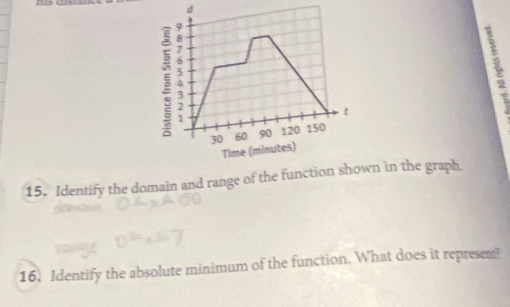 5 : 
1 
1 
t
30 60 90 120 150
Time (minutes) 
15. Identify the domain and range of the function shown in the graph. 
16. Identify the absolute minimum of the function. What does it represem?