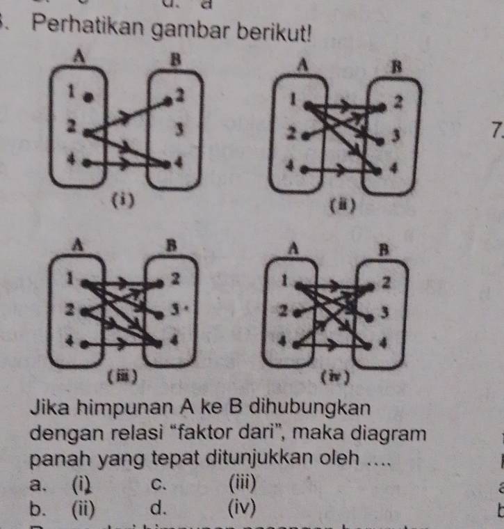 a
. Perhatikan gambar berikut!
7.
(i) 


Jika himpunan A ke B dihubungkan
dengan relasi “faktor dari”, maka diagram
panah yang tepat ditunjukkan oleh ....
a. (i) C. (iii)

b. (ii) d. (iv)