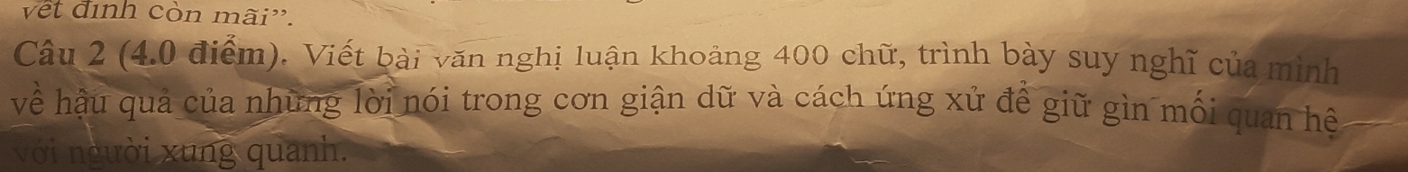 vết đình còn mãi'. 
Câu 2 (4.0 điểm). Viết bài văn nghị luận khoảng 400 chữ, trình bày suy nghĩ của mình 
về hậu quả của những lời nói trong cơn giận dữ và cách ứng xử để giữ gìn mối quan hệ 
với người xung quanh.