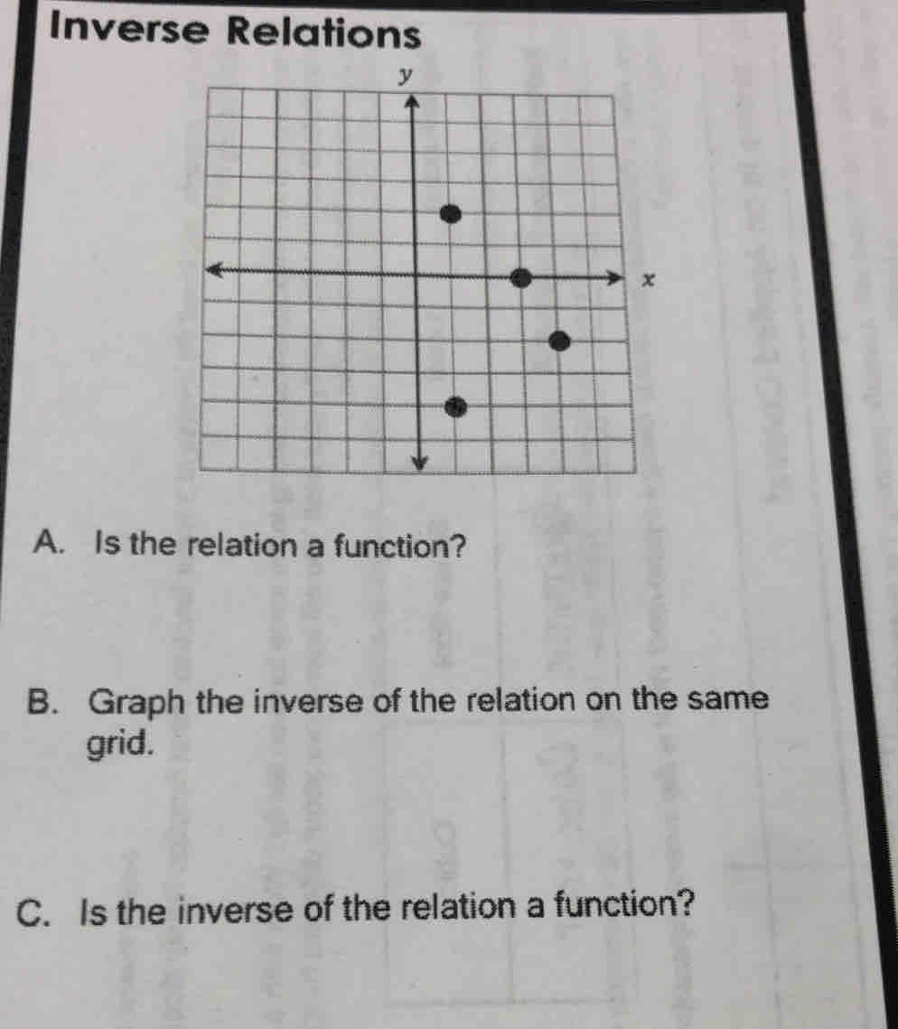 Inverse Relations 
A. Is the relation a function? 
B. Graph the inverse of the relation on the same 
grid. 
C. Is the inverse of the relation a function?