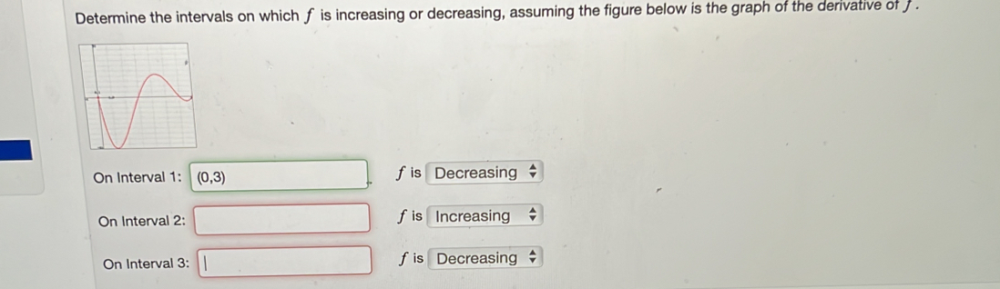 Determine the intervals on which f is increasing or decreasing, assuming the figure below is the graph of the derivative of £.
On Interval 1: (0,3) fis Decreasing
On Interval 2 : fis Increasing
On Interval 3: fis Decreasing