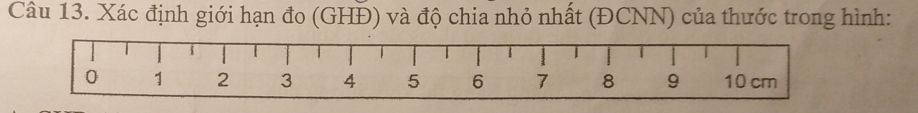 Xác định giới hạn đo (GHĐ) và độ chia nhỏ nhất (ĐCNN) của thước trong hình: