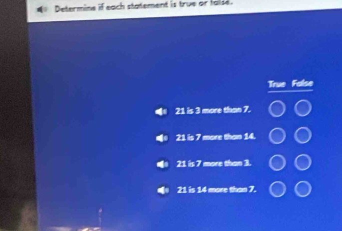 Determine if each statement is true or taise.
True False
21 is 3 more than 7.
21 is 7 more than 14.
21 is 7 more than 3.
21 is 14 more than 7.