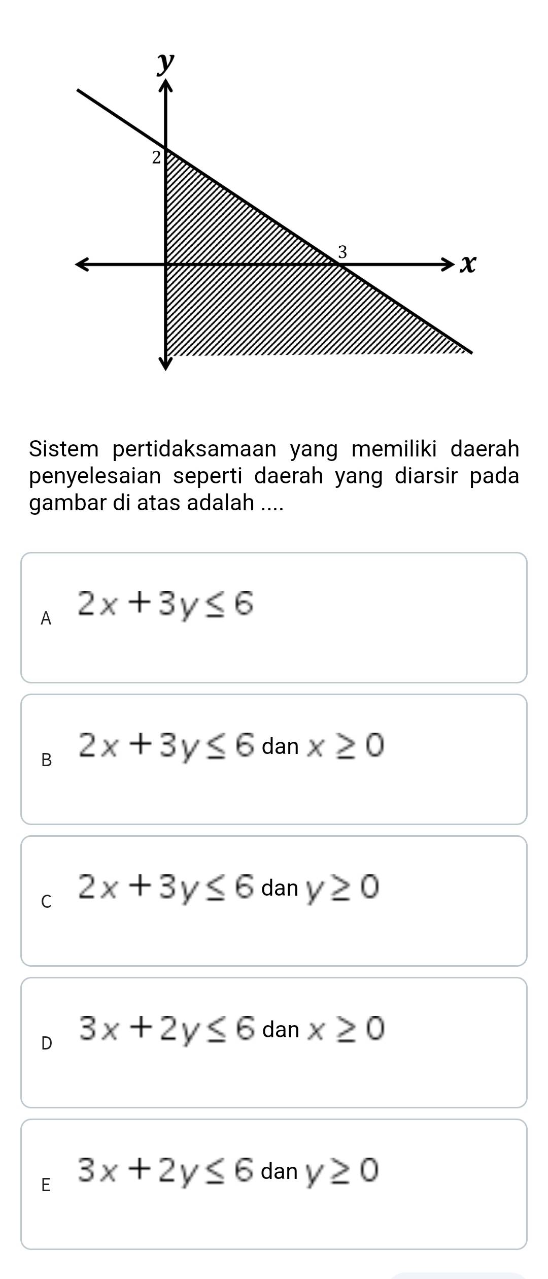 Sistem pertidaksamaan yang memiliki daerah
penyelesaian seperti daerah yang diarsir pada
gambar di atas adalah ....
A 2x+3y≤ 6
B 2x+3y≤ 6 dan x≥ 0
C 2x+3y≤ 6 dan y≥ 0
D 3x+2y≤ 6 dan x≥ 0
E 3x+2y≤ 6 dan y≥ 0