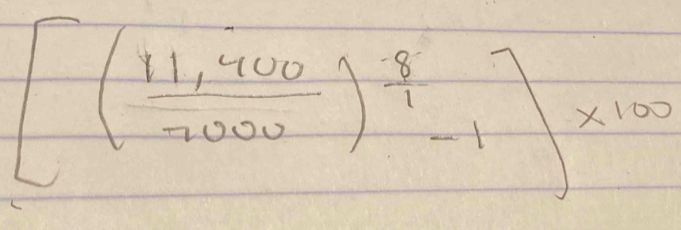 [( (11,400)/7000 )^ 8/7 -1)* 100