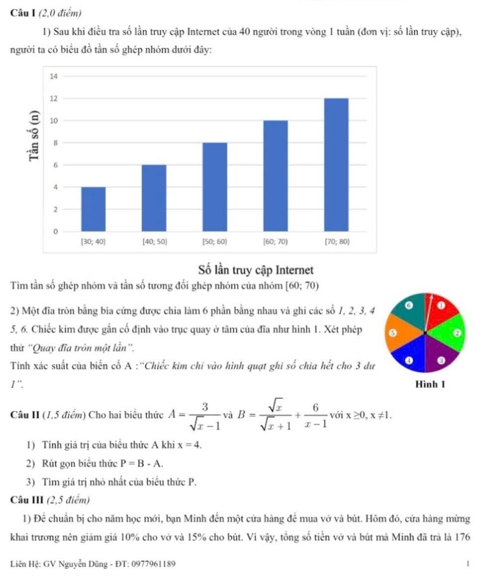 (2,0 điểm)
1) Sau khi điều tra số lần truy cập Internet của 40 người trong vòng 1 tuần (đơn vị: số lần truy cập),
người ta có biểu đồ tần số ghép nhóm dưới đây:
Số lần truy cập Internet
Tim tần số ghép nhóm và tần số tương đối ghép nhóm của nhóm [60;70)
2) Một đĩa tròn bằng bia cứng được chia làm 6 phần bằng nhau và ghi các số 1, 2, 3, 4 0 o
5, 6. Chiếc kim được gắn cố định vào trục quay ở tâm của đĩa như hình 1. Xét phép 6
0
thử ''Quay đĩa tròn một lần”'.
Tính xác suất của biến cố A :“Chiếc kim chỉ vào hình quạt ghi so chia hết cho 3 dư . .
1 '. Hình 1
Câu II (1,5 điểm) Cho hai biểu thức A= 3/sqrt(x)-1  và B= sqrt(x)/sqrt(x)+1 + 6/x-1  với x≥ 0,x!= 1.
1) Tính giá trị của biểu thức A khi x=4.
2) Rút gọn biểu thức P=B-A.
3) Tìm giá trị nhỏ nhất của biểu thức P.
Câu III (2,5 điểm)
1) Để chuẩn bị cho năm học mới, bạn Minh đến một cửa hàng đề mua vở và bút. Hôm đó, cửa hàng mừng
khai trương nên giảm giá 10% cho vở và 15% cho bút. Vì vậy, tổng số tiền vở và bút mà Minh đã trả là 176
Liên Hệ: GV Nguyễn Dũng - ĐT: 0977961189