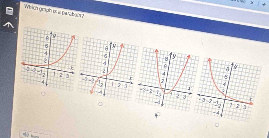 + 
Which graph is a parabola? 
Intro