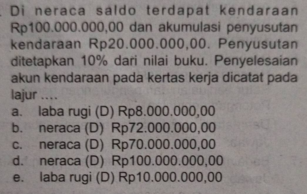 Di neraça saldo terdapat kendaraan
Rp100.000.000,00 dan akumulasi penyusutan
kendaraan Rp20.000.000,00. Penyusutan
ditetapkan 10% dari nilai buku. Penyelesaian
akun kendaraan pada kertas kerja dicatat pada
lajur ....
a. laba rugi (D) Rp8.000.000,00
b. neraca (D) Rp72.000.000,00
c. neraca (D) Rp70.000.000,00
d. neraca (D) Rp100.000.000,00
e. laba rugi (D) Rp10.000.000,00