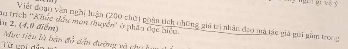 nghi gi về ý 
Viết đoạn văn nghị luận (200 chữ) phân tích những giá trị nhân đạo mà tác giả gửi gắm trong 
an trích “Khắc dấu mạn thuyền’ ở phần đọc hiếu. 
iu 2. (4,0 điểm) 
Mục tiêu là bản đồ dẫn đường và cho hạ 
Từ gợi dẫn trê