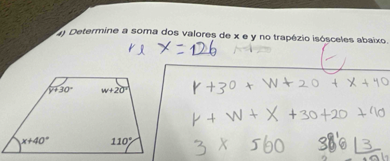 Determine a soma dos valores de x e y no trapézio isósceles abaixo.