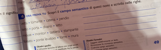 mare:_ 
città: 
_4 ora provA TU Scopri il campo semantico di questi nomi e scrivilo nelle righe. 
_ 
n il significa 
_vetta • tornante • catena • pendio_ 
_tetto * porta • divano • letto_ 
mouse • monitor • tastiera • stampante 
_fossato • ponte levatoio • torre • mura 
_Obiettivi specifici Obiettivi formativi 
* Utilizzare tecniche di lettura con scopi mirati. di significato tra le parole . Leggere selettivamente un testo. 
49 
Riconoscere la vicinanza semantica. Costruire campi semantici. 
cg campi semantici.