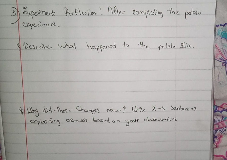 3Apesiment Peflection! Mflec completing the polaro 
experiment. 
Describe what happened to the potate slice. 
* Why did these Changes occur? Kife 2-3 senteros 
exeplaining osmsis based on your obseruations.