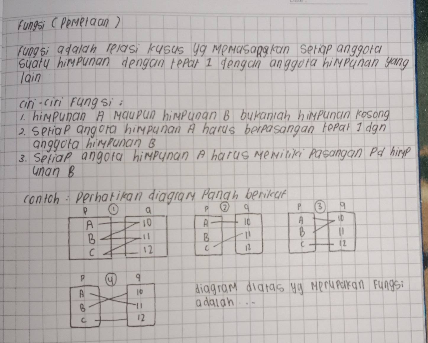 Fungsi (Pemetaan) 
rungs; adaiah relasi kusus yg MeMasangkan seriap anggora 
sualy himpunan dengan repar I dengan anggora hiMpunan yong 
lain 
ciri-ciri Fungsi : 
1. hiPunan A Maupan himpunan B bukaniah hiypunan kosong? 
2. seriap angora himpunan A harus bereasangan repar I dgn 
anggora hirpunan B 
3. Setiap angora himpunan A harus Meriliki pasangan Pd himp 
unan B 
contoh: Perharikan diagrary Pangh berikur 
P ② 9 P ③ 9
10
A
10
11 
B
11
B 
C 
C 
12 
12 
diagrary digras ug Merupakan rungs: 
adalah. . .