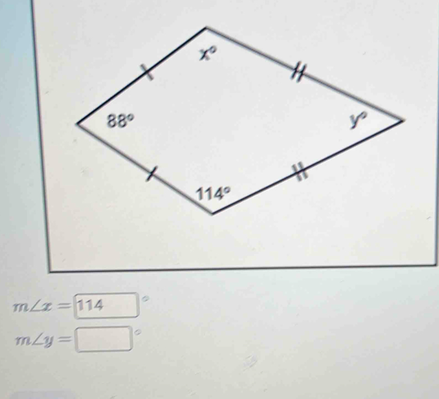 m∠ x=boxed (114)°
m∠ y=□°