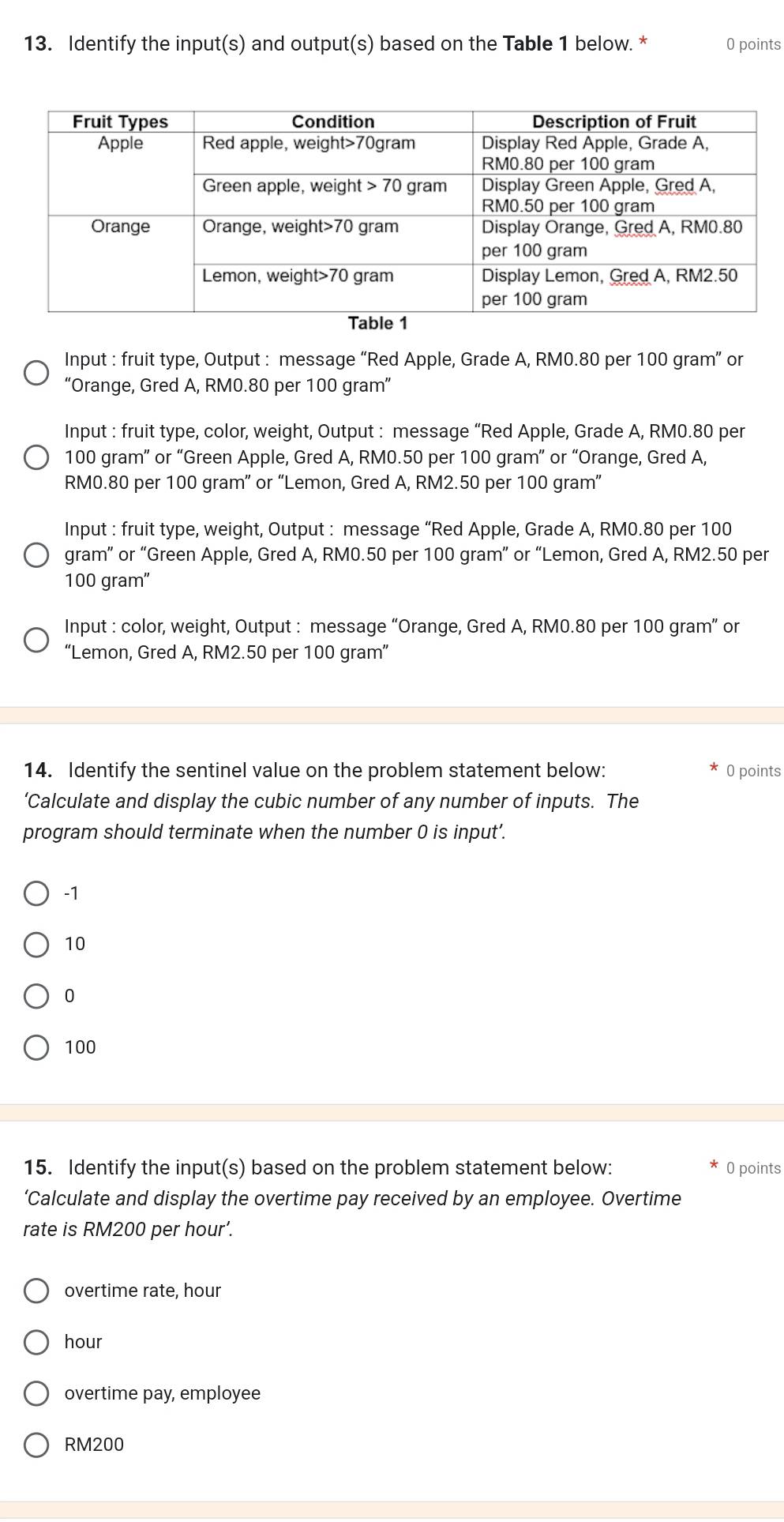 Identify the input(s) and output(s) based on the Table 1 below. * 0 points
Input : fruit type, Output : message “Red Apple, Grade A, RM0.80 per 100 gram” or
“Orange, Gred A, RM0.80 per 100 gram”
Input : fruit type, color, weight, Output : message “Red Apple, Grade A, RM0.80 per
100 gram” or “Green Apple, Gred A, RM0.50 per 100 gram” or “Orange, Gred A,
RM0.80 per 100 gram” or “Lemon, Gred A, RM2.50 per 100 gram”
Input : fruit type, weight, Output : message “Red Apple, Grade A, RM0.80 per 100
gram” or “Green Apple, Gred A, RM0.50 per 100 gram” or “Lemon, Gred A, RM2.50 per
100 gram'
Input : color, weight, Output : message “Orange, Gred A, RM0.80 per 100 gram” or
“Lemon, Gred A, RM2.50 per 100 gram”
14. Identify the sentinel value on the problem statement below: 0 points
‘Calculate and display the cubic number of any number of inputs. The
program should terminate when the number 0 is input'.
-1
10
0
100
15. Identify the input(s) based on the problem statement below: O points
’Calculate and display the overtime pay received by an employee. Overtime
rate is RM200 per hour’.
overtime rate, hour
hour
overtime pay, employee
RM200