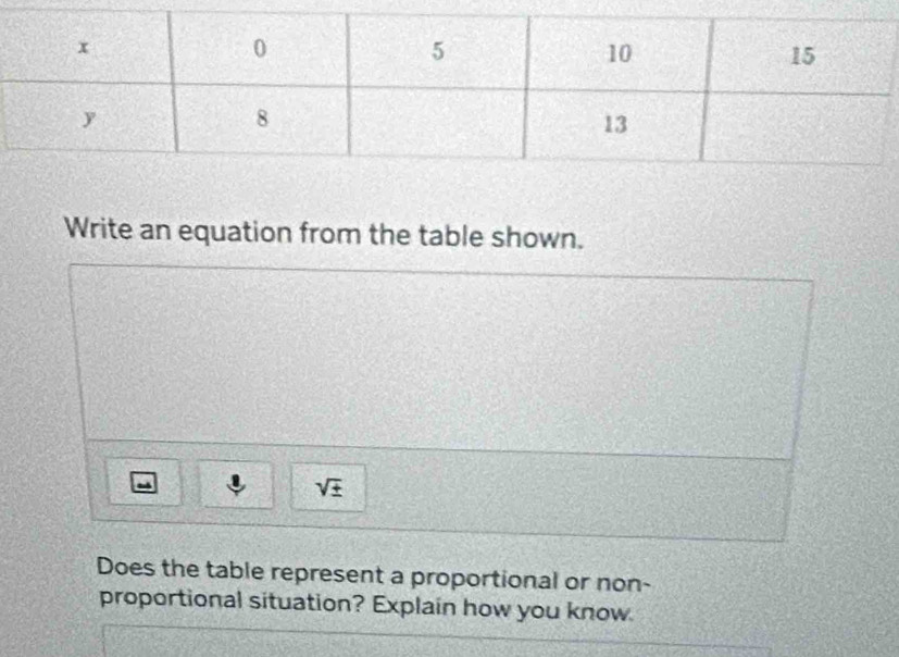 Write an equation from the table shown.
sqrt(± )
Does the table represent a proportional or non- 
proportional situation? Explain how you know