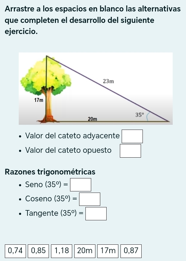 Arrastre a los espacios en blanco las alternativas
que completen el desarrollo del siguiente
ejercicio.
Valor del cateto adyacente □
Valor del cateto opuesto □
Razones trigonométricas
Seno (35°)=□
C oseno (35°)=□
Tangente (35°)=□
0,74 0,85 1,18 20m 17m 0,87