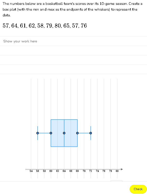 The numbers below are a basketball team's scores over its 10 -game season. Create a 
box plot (with the min and max as the endpoints of the whiskers) to represent the 
data.
57, 64, 61, 62, 58, 79, 80, 65, 57, 76
Show your work here 
Check