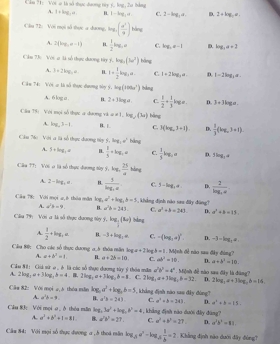 Cầu 71:  Với a là số thực dương tùy y,log _22a bàng
A. 1+log _2a. B. 1-log _2a. C. 2-log _2a. D. 2+log _2a.
Câu 72: Với mọi số thực a dương, log _3( a^2/9 ) bằng
A. 2(log _3a-1) B.  1/2 log _3a C. log _3a-1 D. log _3a+2
Câu 73: Với a là số thực dương tùy ý, log _3(3a^2) bằng
A. 3+2log _3a. B. 1+ 1/2 log _3a. C. 1+2log _3a. D. 1-2log _3a.
Câu 74: Với a là số thực dương tùy ý dot y,log (100a^3) bằng
A. 6 log a. B. 2+3log a. C.  1/2 + 1/3 log a. D. 3+3log a.
Câu 75: Với mọi số thực a dương và a!= 1,log _a^3(3a) bằng
A. log _a3-1. B. 1. C. 3(log _a3+1). D.  1/3 (log _a3+1).
Câu 76: Với a lashat o thực dương tùy ý, log _2a^5 bằng
A. 5+log _2a B.  1/5 +log _2a C.  1/5 log _2a D. 5log _2a
Câu 77: Với a là shat o thực dương tùy ý, log _5 25/a  bằng
A. 2-log _5a. B. frac 5log _5a· C. 5-log _5a. D. frac 2log _5a.
Câu 78: Với mọi a,b thỏa mãn log _3a^2+log _3b=5 , khẳng định nào sau đây đúng?
A. a^2b=9. B. a^2b=243. C. a^2+b=243. D. a^3+b=15.
Câu 79: Với a là số thực dương tùy ý, dot y,log _ 1/2 (8a) bằng
A.  1/2 +log _2a. B. -3+log _2a. C. -(log _2a)^3. D. -3-log _2a.
Câu 80: Cho các số thực dương a,b thỏa mãn log a+2log b=1 Mệnh đề nào sau đây đúng?
A. a+b^2=1. B. a+2b=10. C. ab^2=10. D. a+b^2=10.
Câu 81: Giả sử a , b là các số thực dương tùy ý thỏa mãn a^2b^3=4^4 Mệnh đề nào sau đây là đúng?
A. 2log _2a+3log _2b=4. B. 2log _2a+3log _2b=8 、 C. 2log _2a+3log _2b=32. D. 2log _2a+3log _2b=16.
Câu 82: Với mọi a, b thỏa mãn log _3a^2+log _3b=5 , khẳng định nào sau đây đúng?
A. a^2b=9. B. a^2b=243. C. a^2+b=243. D. a^3+b=15.
Câu 83: Với mọi a , b thỏa mãn log _33a^2+log _3b^3=4 , khẳng định nào dưới đây đúng?
A. a^2+b^3+1=81. B. a^2b^3=27. C. a^2+b^3=27. D. a^2b^3=81.
Câu 84: Với mọi số thực dương a , b thoả mãn log _sqrt(3)a^5-log _sqrt(3) 1/b =2 Khẳng định nào dưới đây đúng?