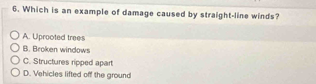 Solved: Which is an example of damage caused by straight-line winds? A ...