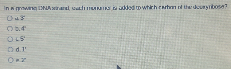 In a growing DNA strand, each monomer is added to which carbon of the deoxyribose?
a. 3'
b. 4'
C. 5°
d. 1'
e. 2^s