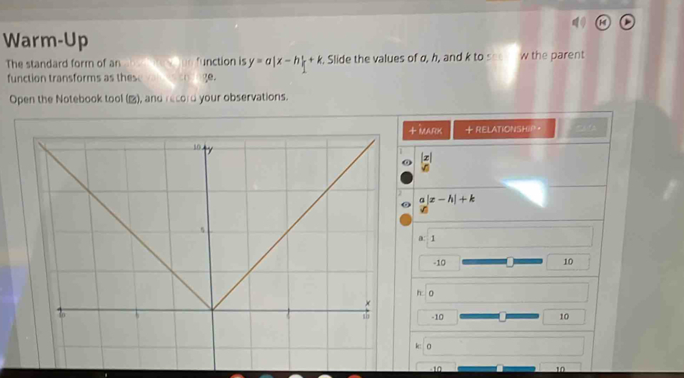 Warm-Up
The standard form of an     o function is y=a|x-h|+k. Slide the values of σ, h, and k to see  w the parent
function transforms as these vah e   ge.
Open the Notebook tool (▲), and record your observations.
−10 10