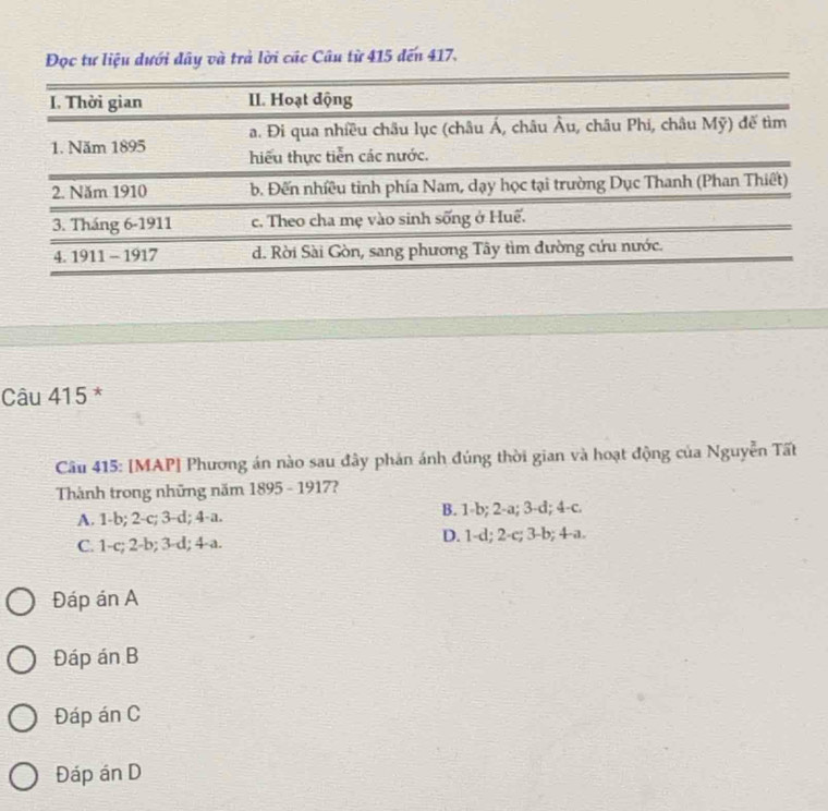 Đọc tư liệu dưới đây và trả lời các Câu từ 415 đến 417,
Câu 415 *
Câu 415: [MAP] Phương án nào sau đây phản ánh đúng thời gian và hoạt động của Nguyễn Tất
Thành trong những năm 1895 - 1917?
A. 1-b; 2-c; 3-d; 4-a. B. 1-b; 2-a; 3-d; 4-c.
C. 1-c; 2-b; 3-d; 4-a. D. 1-d; 2-c; 3-b; 4-a.
Đáp án A
Đáp án B
Đáp án C
Đáp án D