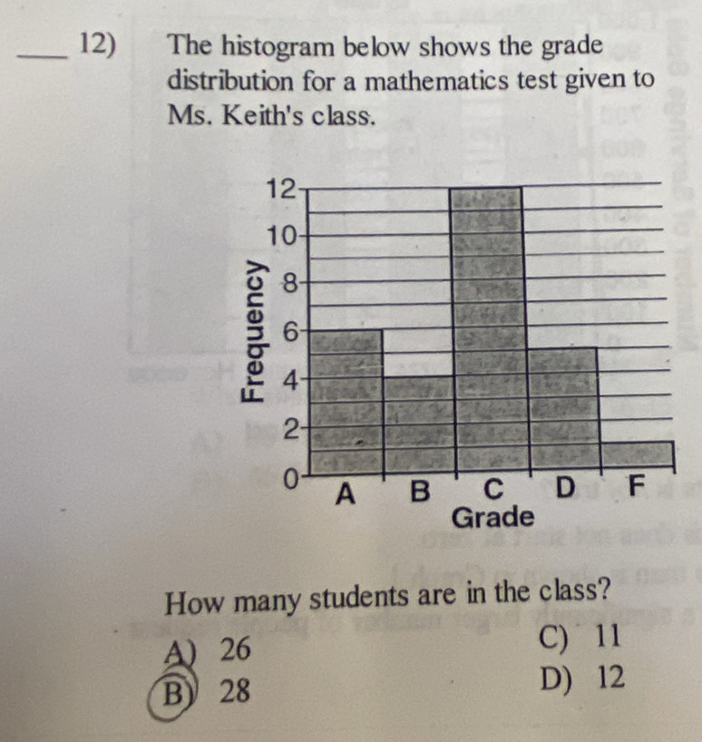 The histogram below shows the grade
distribution for a mathematics test given to
Ms. Keith's class.
How many students are in the class?
A) 26
C) 11
B) 28 D) 12