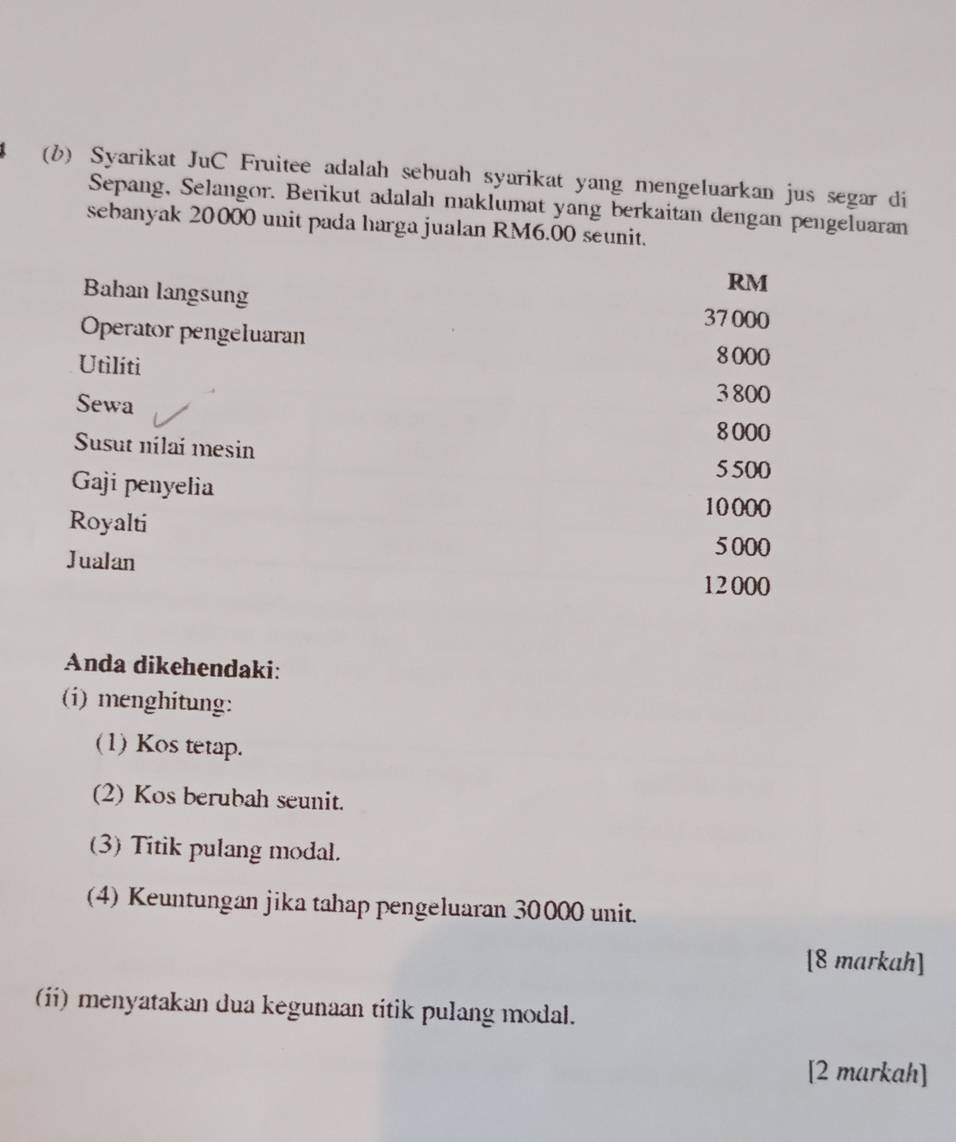 (1) Syarikat JuC Fruitee adalah sebuah syarikat yang mengeluarkan jus segar di
Sepang, Selangor. Berikut adalah maklumat yang berkaitan dengan pengeluaran
sebanyak 20000 unit pada harga jualan RM6.00 seunit.
Bahan langsung
RM
37 000
Operator pengeluaran
Utilíti
8 000
Sewa
3 800
8 000
Susut nílaí mesin
5 500
Gaji penyelia
10 000
Royalti 5000
Jualan
12000
Anda dikehendaki:
(i) menghitung:
(1) Kos tetap.
(2) Kos berubah seunit.
(3) Titik pulang modal.
(4) Keuntungan jika tahap pengeluaran 30000 unit.
[8 markah]
(ii) menyatakan dua kegunaan titik pulang modal.
[2 markah]