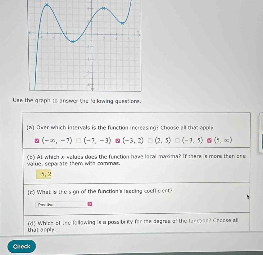 Us
(a) Over which intervals is the function increasing? Choose all that apply.
(-∈fty ,-7) (-7,-3) (-3,2) (2,5) (-3,5) (5,∈fty )
(b) At which x -values does the function have local maxima? If there is more than one
value, separate them with commas.
- 5, 2
(c) What is the sign of the function's leading coefficient?
Positive
(d) Which of the following is a possibility for the degree of the function? Choose all
that apply.
Check