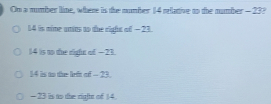 On a number line, where is the number 14 relatve to the number - 232
14 is nie units to the right of -23.
14 is to the right of -23.
14 is to the left of -23.
-23 is to the right of 14.