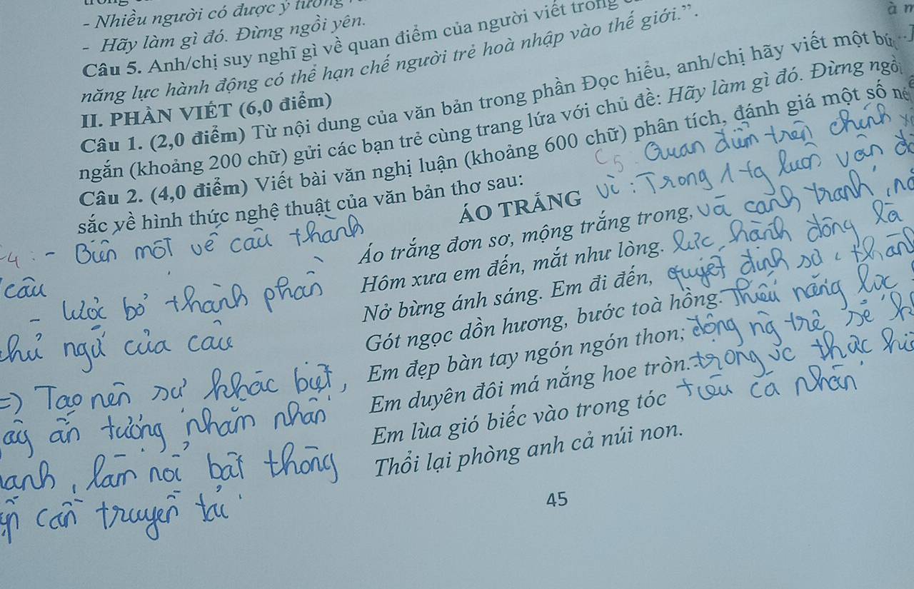 Nhiều người có được ý tường 
- Hãy làm gì đó. Đừng ngồi yên. 
Câu 5. Anh/chị suy nghĩ gì về quan điểm của người viết trong 
năng lực hành động có thể hạn chế người trẻ hoà nhập vào thế giới.” 
àn 
Câu 1. (2,0 điểm) Từ nội dung của văn bản trong phần Đọc hiểu, anh/chị hãy viết một bứ 
II. PHÀN VIÉT (6,0 điểm) 
(ngắn (khoảng 200 chữ) gửi các bạn trẻ cùng trang lứa với chủ đề: Hãy làm gì đó. Đừng ngồ 
Câu 2. (4,0 điểm) Viết bài văn nghị luận (khoảng 600 chữ) phân tích, đánh giá một số nệ 
áO tRÁng 
sắc yề hình thức nghệ thuật của văn bản thơ sau: 
Áo trắng đơn sơ, mộng trắng tr 
Hôm xưa em đến, mắt như lòng. 
Nở bừng ánh sáng. Em đi đến, 
Gót ngọc dồn hương, bước toà hô 
Em đẹp bàn tay ngón ngón thon; 
Em duyên đôi má nắng hoe tròn. 
Em lùa gió biếc vào trong tóc 
Thổi lại phòng anh cả núi non.
45