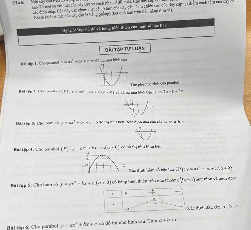 Một cây cầu treu có trợi
cao 75 mét so với mặt của cây cầu và cách nhau 400 mét. Các đây cấp tốn
các đinh tháp. Các dây cáp chạm mặt cầu ở tâm của cây cầu. Tìm chiều cao của dây cáp tại điểm cách tâm của cay cầu
100 m (giả sử mặt của cây cầu là bằng phẳng) (kết quả làm tròn đến hàng đơn vị).
Dạng 3: Dọc đồ thị và bảng biến thiên của hàm số bậc hai
Bài tạp tự luạn
Bài tập 1: Cho parabol y=ax^2+bx+c có đồ thị như hình sau
Tim phương trình của parabol.
Bài tập 2: Cho parabol (P):y=ax^2+bx+c,(a!= 0) có đồ thị như hình bên. Tính 2a+b+2c
Bài tập 3: Cho hàm số y=ax^2+bx+c có đồ thị như bên. Xác định dấu của các hệ số a,b,c
Bài tập 4: Cho parabol (P):y=ax^2+bx+c,(a!= 0) có đồ thị như hình bên
Xác định hàm số bậc hai (P): ):y=ax^2+bx+c,(a!= 0)
Bài tập 5: Cho hàm số y=ax^2+bx+c,(a!= 0) có bảng biển thiên trên nửa khoảng [0;+∈fty ) như hình vẽ dưới đây:
c định dầu của α , b , c .
Bài tập 6: Cho parabol y=ax^2+bx+c có đồ thị như hình sau. Tính a+b+c