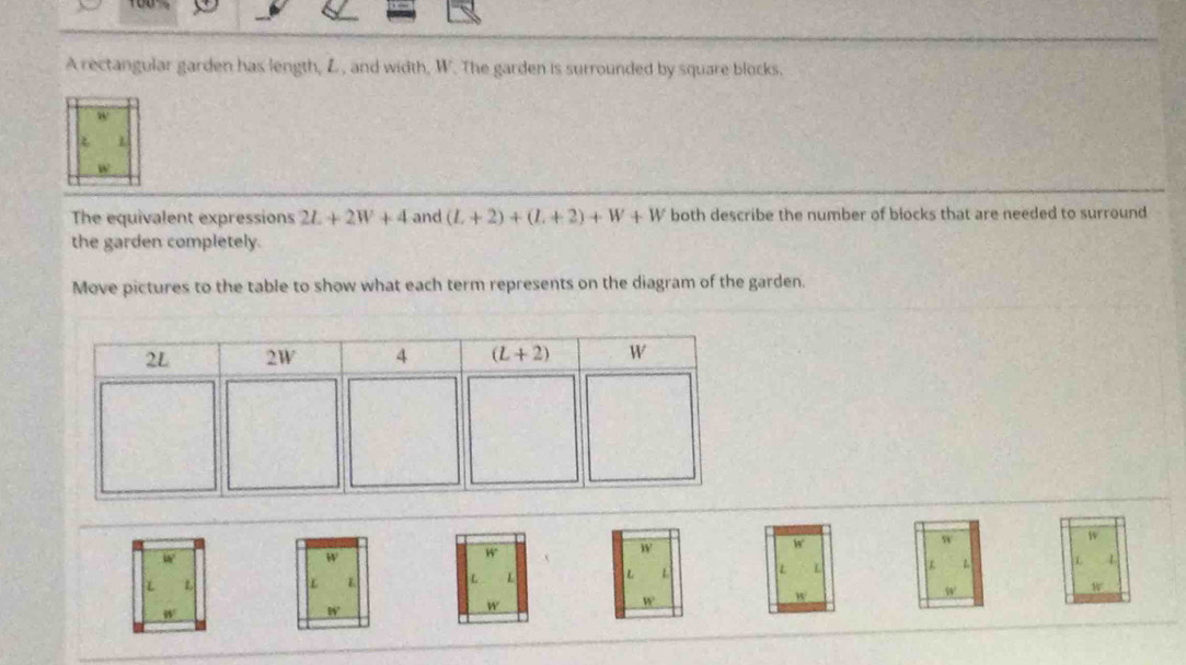 A rectangular garden has length, L , and width, W. The garden is surrounded by square blocks.
w
ξ 1
W
The equivalent expressions 2L+2W+4 and (L+2)+(L+2)+W+W both describe the number of blocks that are needed to surround
the garden completely.
Move pictures to the table to show what each term represents on the diagram of the garden.
w
w
w
w
W
w
w°
L r
L L
L L L L L L
w
w
w
w
w
W
W