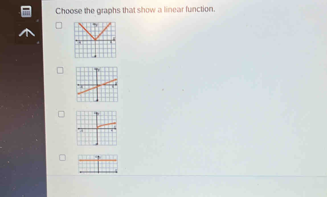 Choose the graphs that show a linear function.